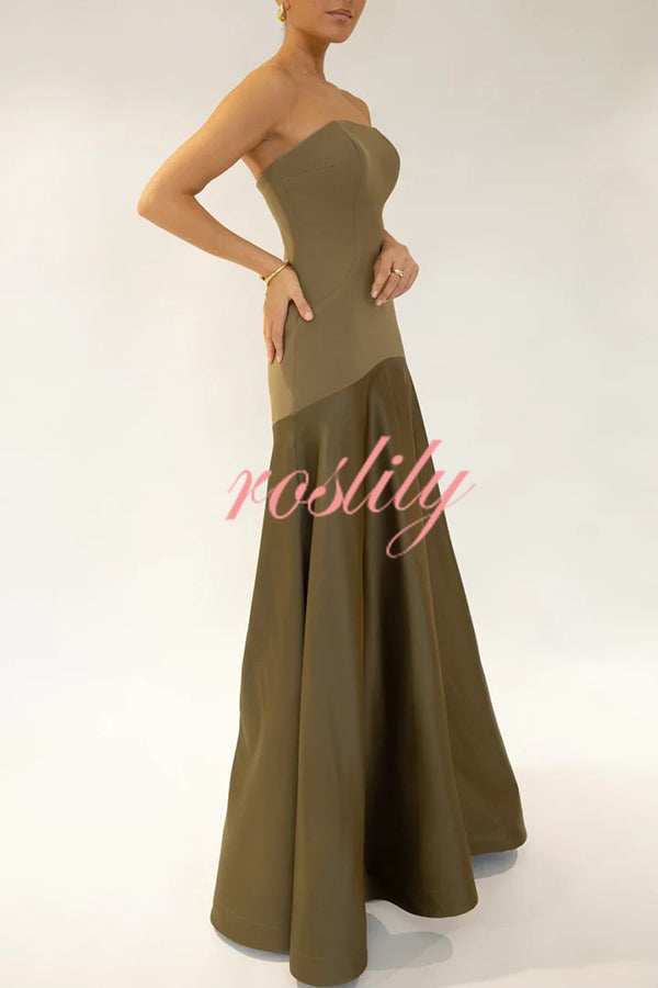 Timeless Elegance Satin Patchwork Strapless Flare Gown Maxi Dress