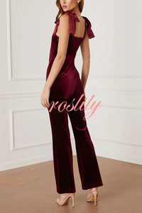 Merlot Sippin' Velvet Shoulder Tie Flare Stretch Jumpsuit