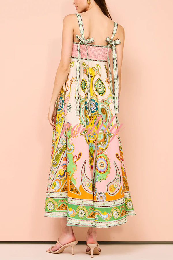 Summer Serenade Linen Blend Unique Print Tie-up Strap Smocked Pocketed Maxi Dress