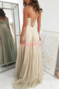 Cinderella Glitter Tulle Fabric Cowl Neck Back Lace-up Pocketed Slit Maxi Dress