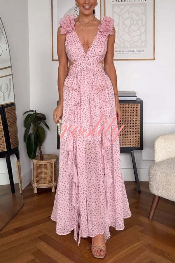 Wedding Dreams Chiffon Printed Flutter Sleeve Cutout Back Lace-up Maxi Dress