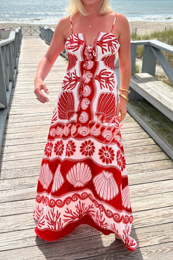 Beautiful Shell Unique Print Front Lace-up Loose  Maxi Dress