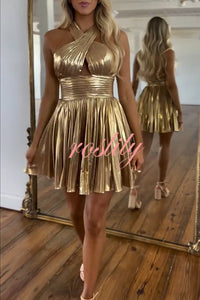 Star Night Metallic Fabric Cross Halter Neck  Pleated Mini Dress