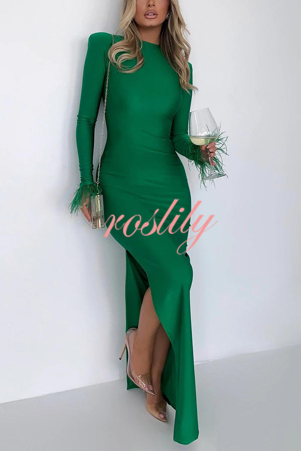 Solid Color Round Neck Ostrich Feather Long Sleeve Slim Maxi Dress