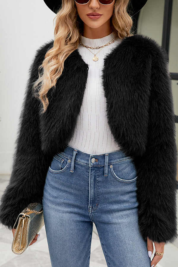 Stylish Long Sleeve Short Casual Faux Fur Jacket