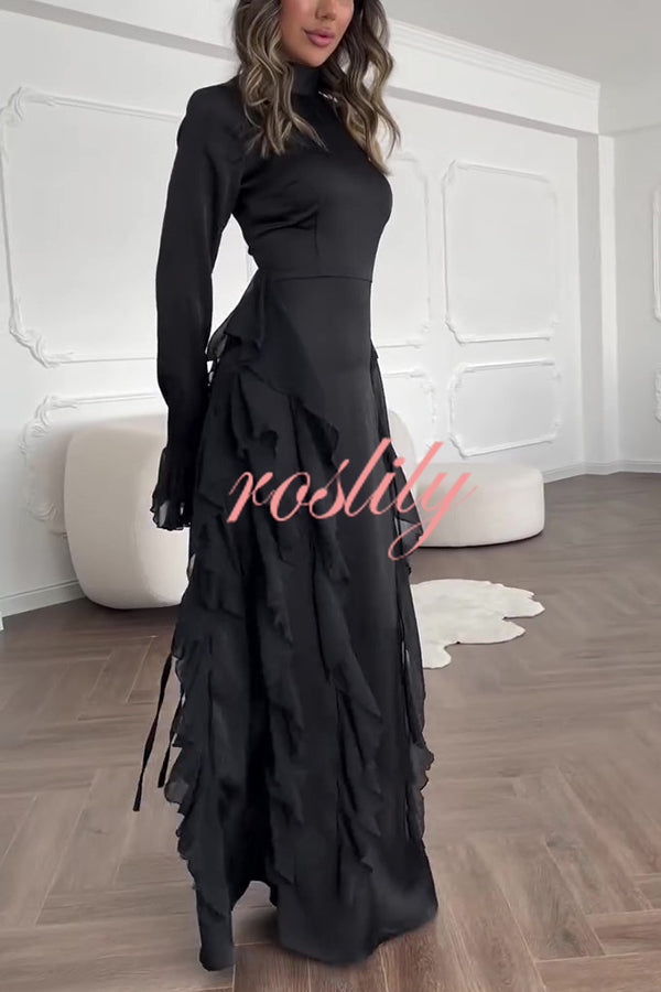 Cline Solid Color High Neck Long Sleeve Elegant Ruffles Maxi Dress