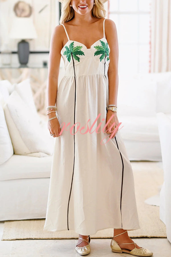 Coconut Tree Print Suspender Backless Large Hem Maxi Dress