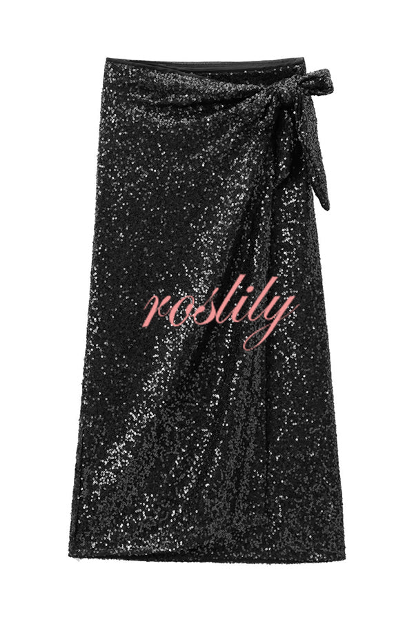 Crushing on You Sequin High Rise Wrap Tie-up Slit Midi Skirt