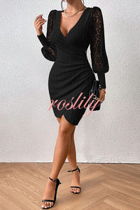 Solid Color V-neck Hollow Lace Long-sleeved Slim Mini Dress