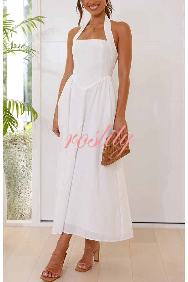 Brunch in Bali Linen Blend Halter Neck Pocketed Maxi Dress