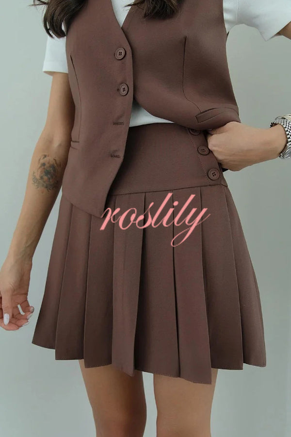 Solid Color Sleeveless Buttoned Vest and High-waisted Pleated Mini Skirt Set