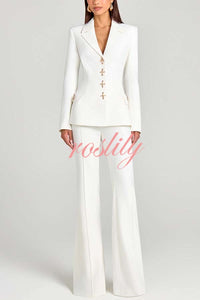 Women Power Metal Cross Snap Button Long Sleeve Lapel Blazer