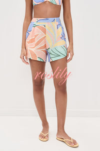 Bella Linen Blend Colorful Unique Print Long Sleeve Blouse and Elastic Waist Pocket Loose Shorts Set