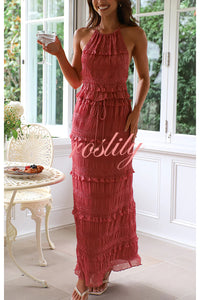 Feel Chic and Romantic Sequin Textured Material Drawstring Waist Tiered Maxi Skirt