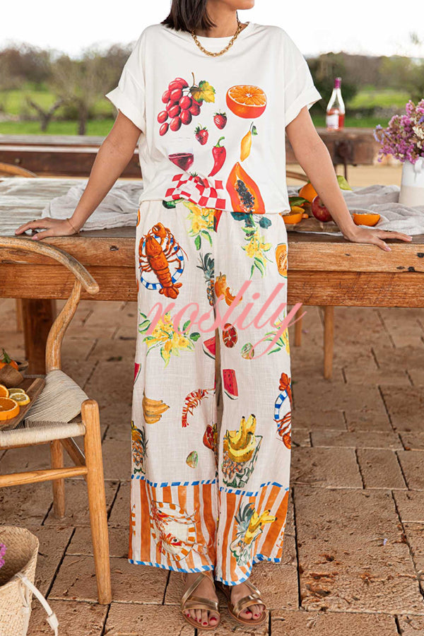 Unique Printed Elastic Waist Pocket Vacation Casual Wide Leg Pants