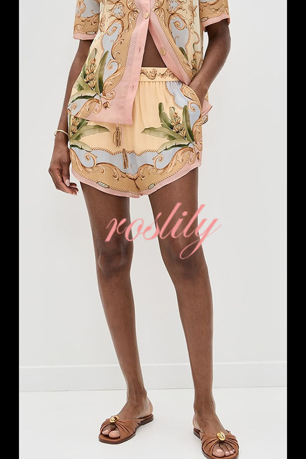 Royalty Unique Print Button Up Short Sleeve Shirt and Elastic Waist Pocketed Loose Shorts Set