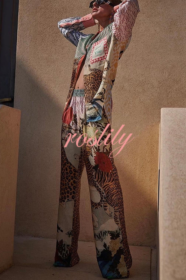 Tropical Jungle Tiger Unique Print Long Sleeve Loose Shirt and Elastic Waist Pants Set