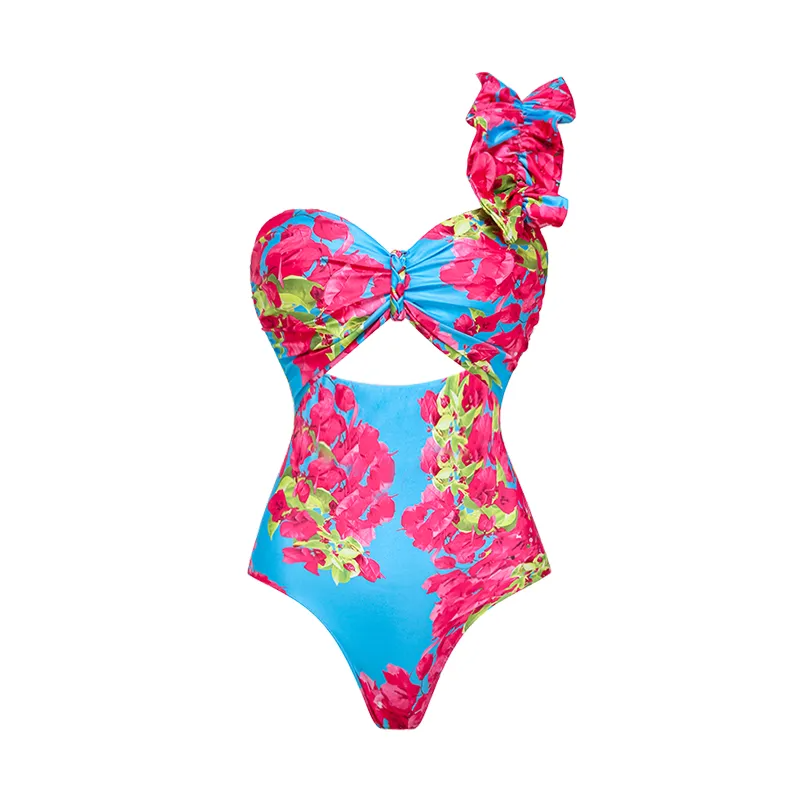 Ruffle Removable Shoulder Strap Pink Bougainvillea Flower Printed One Piece Swimsuit And Skirt