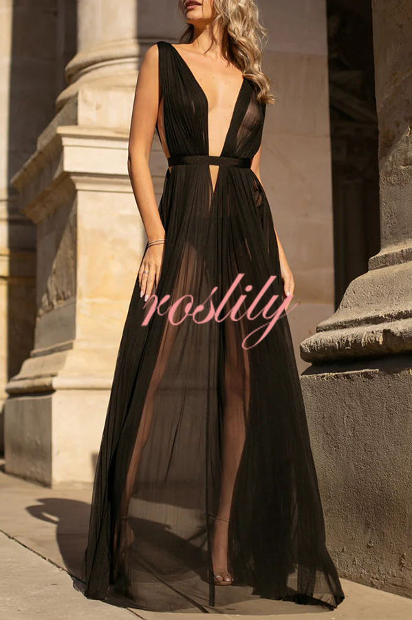 Sexy Muse Semi-sheer Tulle Fabric Fixed Back Tie-up Maxi Dress