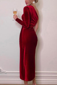 Velvet Sexy Single Sleeve Slimming High Slit Midi Dress