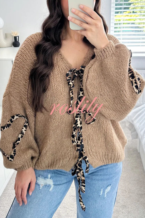 Fashionable Loose Long-sleeved Leopard Print Lace-up Knitted Sweater Cardigan