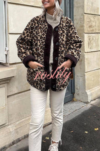 Warm Feel Colorblock Leopard Print Plush Button Up Pocketed Teddy Jacket