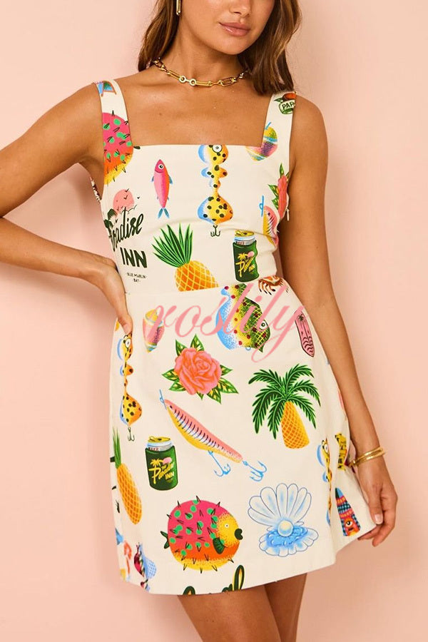 Summer Colorful Fruit Unique Print Tie-back Mini Dress