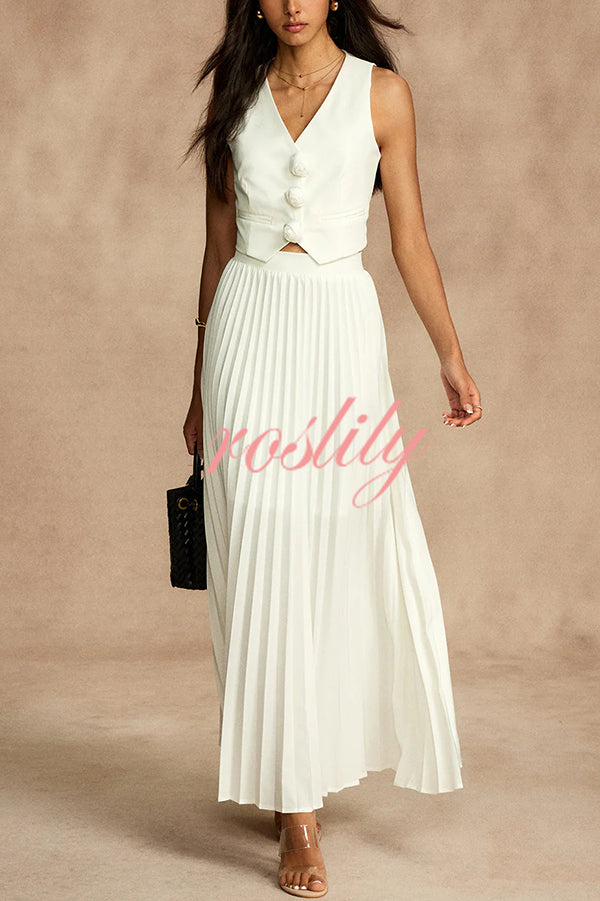 Stylish Rosette Sleeveless Tank Top and Pleated Maxi Skirt Set