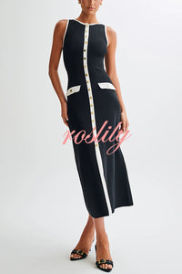 Elegant Slim Fit Crew Neck Buttoned Sleeveless Knit Midi Dress