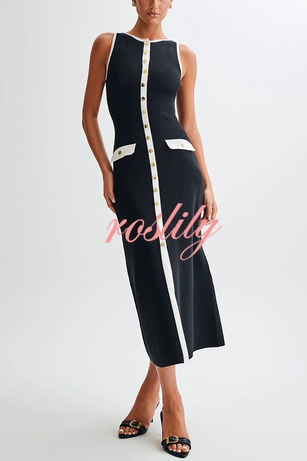 Elegant Slim Fit Crew Neck Buttoned Sleeveless Knit Midi Dress