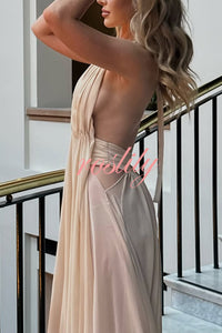 Ethereal Moment Tulle Cutout Ruched Waist Backless Halter Maxi Dress
