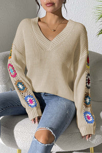 Fashion Hook Flower Long Sleeve V-Neck Loose Knitted Sweater