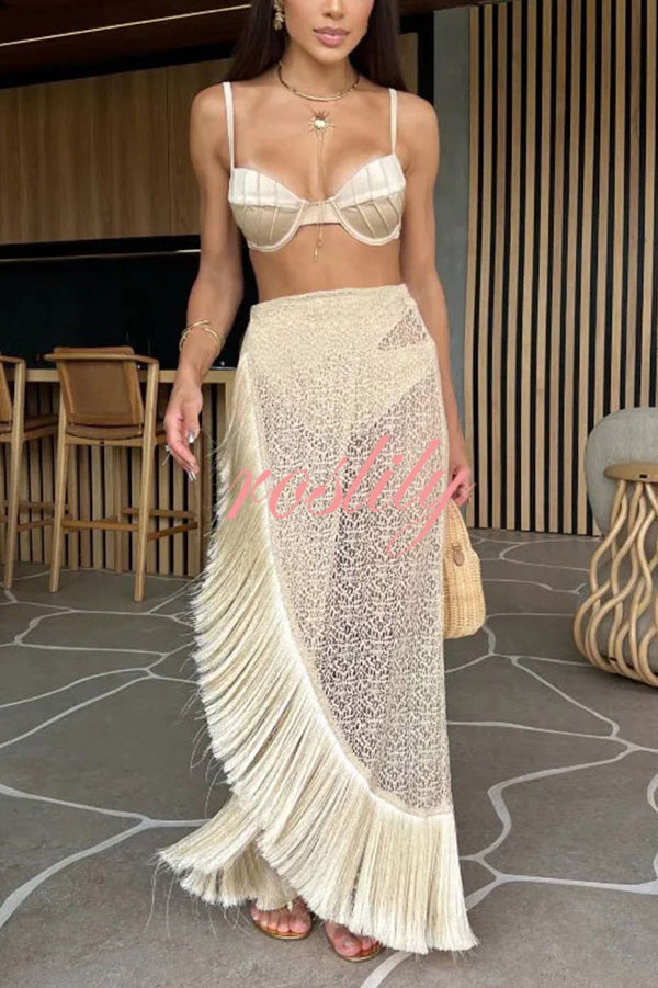 Solid High Waist Stretch Two-Piece Bikini and Fringed Cover Up Set