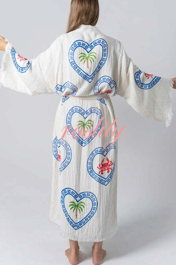 Maia Linen Blend Unique Print Belt Swimwear / Lounge Cover-up Robe