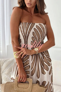 Unique Printed Off-shoulder Pleated Casual Wide-leg Jumpsuit