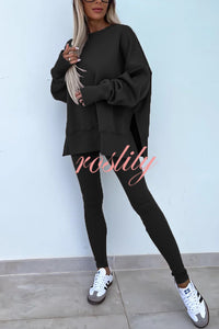 Solid Color Loose Long Sleeve SlitSweatshirt and Elastic Waist Tight Pants Set