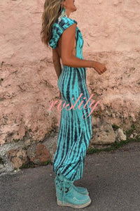 Pietra Tie Dye Print Scoop Neck Backless Hooded Stretch Maxi Dress