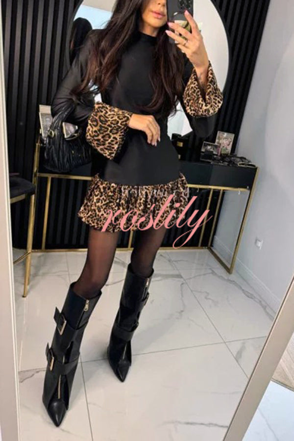 Fashionable Splicing Leopard Print Bell Sleeve Stretch Mini Dress