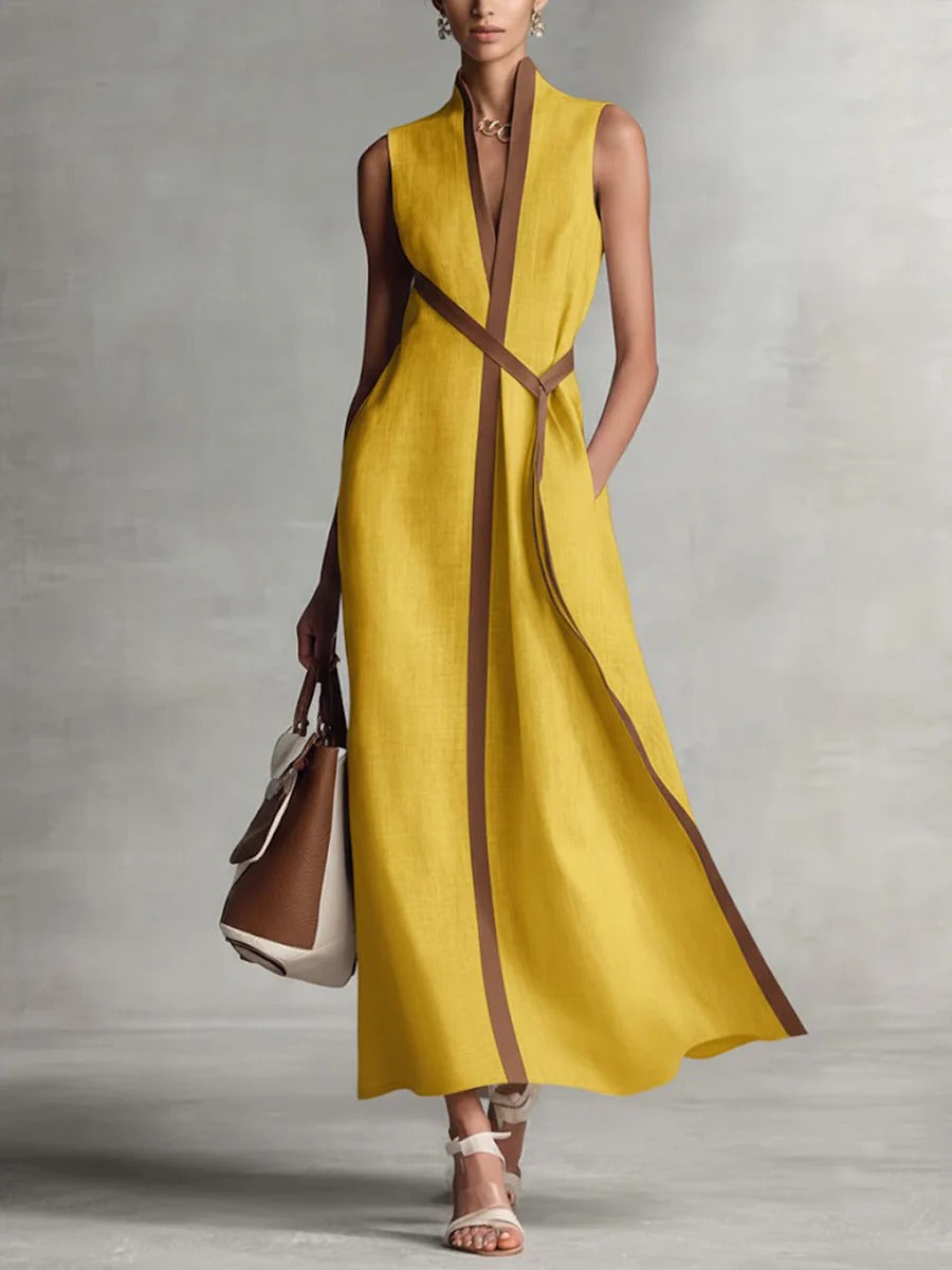 Elegant Contrast Trim Sleeveless Cotton Linen Maxi Dress