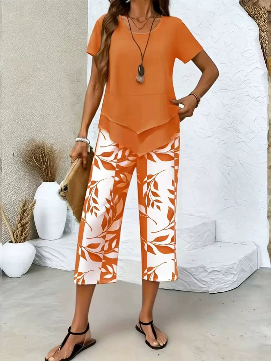 Casual Leaf Print Two-Piece Set