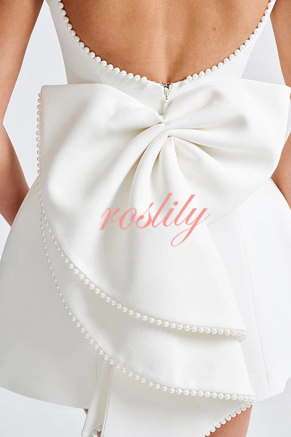 Stylish Pearl-embellished Large Bow Slim-fit Mini Dress