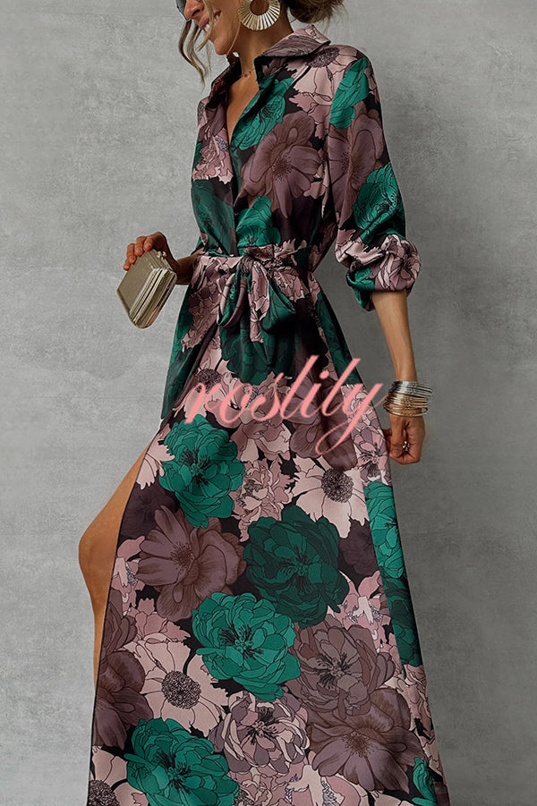 Floral Print Lapel Waisted Lace-up Long-sleeve Maxi Dress