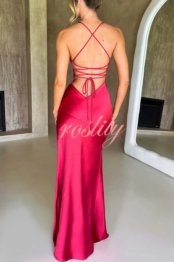 Satin Solid Color Sexy Backless Lace Up High Slit Maxi Dress