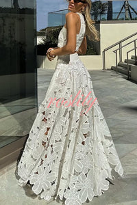 Next Trip Floral Embroidery Crochet Lace Crop Tank Top and Elastic Waist Pocket Maxi Skirt Set