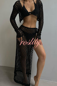 Solid Color Sexy Hollow Long Sleeve Top and Lace-up Slit Knitted Cover-up Maxi Skirt Set