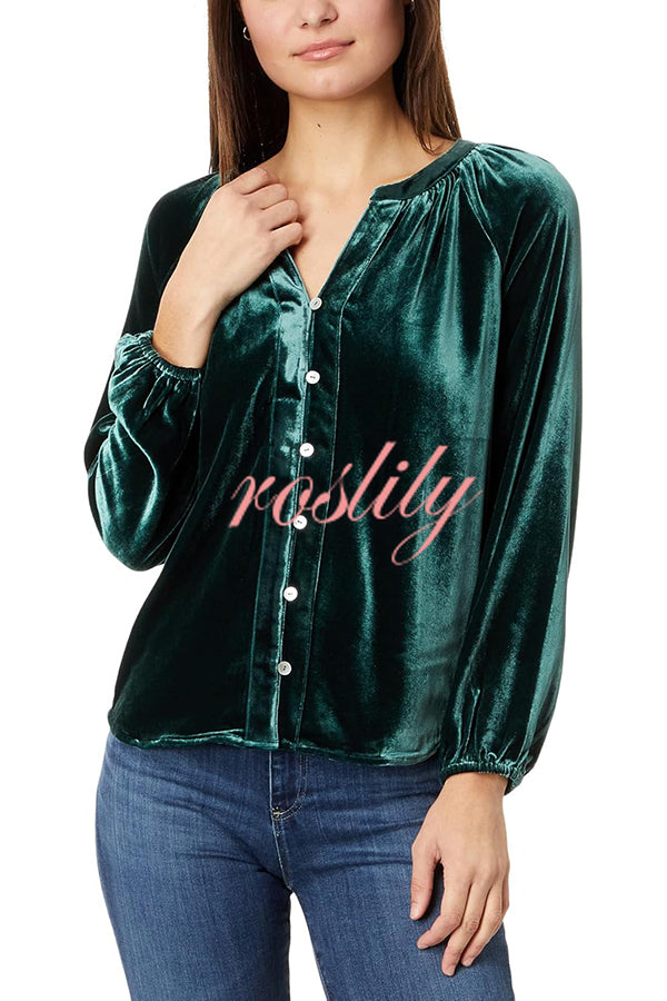 Solid Color Velvet V-neck Long-sleeved Shirt