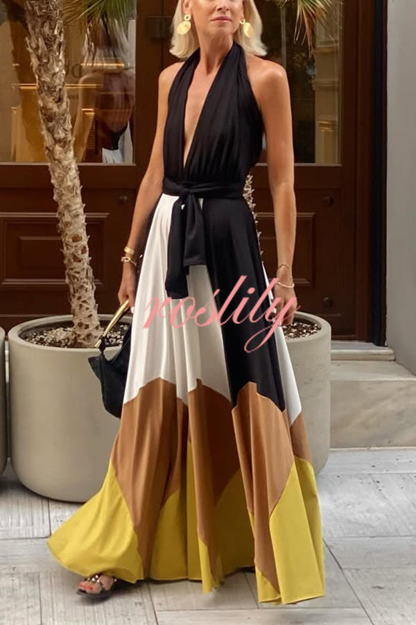 Fashion Colorblock Sexy Backless Tie Waist Full Hem Maxi Dress