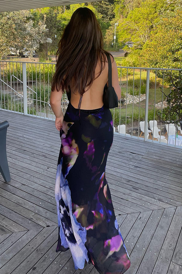 Bold and Sexy Tie-dye Abstract Floral Halter Drape Neck Backless Maxi Dress