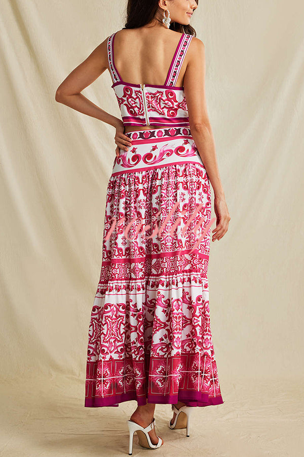 Unique Printed Sexy Sling Tank and Elastic Waist Large Hem Maxi Skirt Set