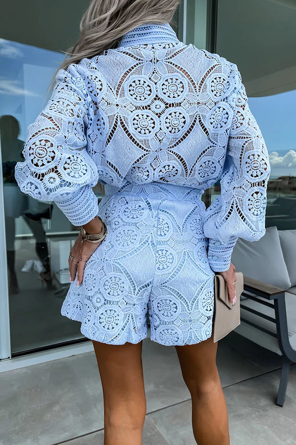 Radiant Blessings Eyelet Crochet Lace Blouse and Shorts Set